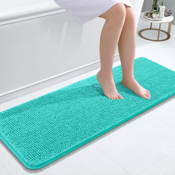 Buganda Bathroom Rugs 47x17, Quick Dry Machine Washable Chenille Bath Mats with Rubber Backing, Teal