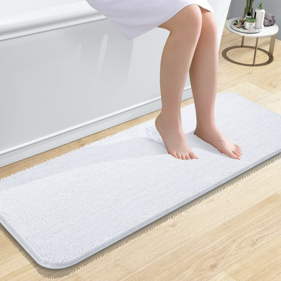 Buganda Bathroom Rugs 47x17, Quick Dry Machine Washable Chenille Bath Mats with Rubber Backing, White