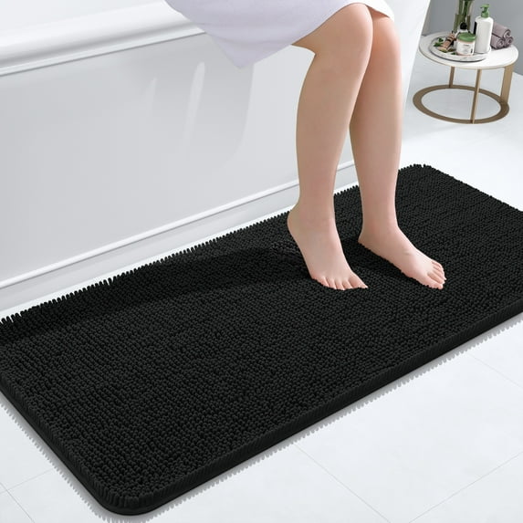 Buganda Bathroom Rugs 47x20, Quick Dry Machine Washable Chenille Bath Mats with Rubber Backing, Black