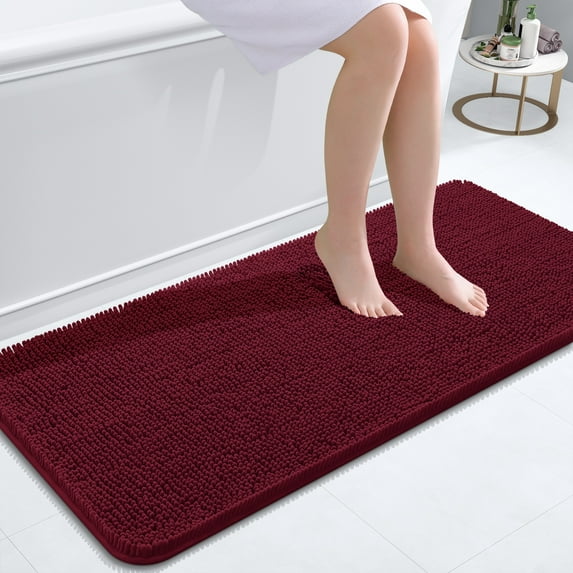 Buganda Bathroom Rugs 47x20, Quick Dry Machine Washable Chenille Bath Mats with Rubber Backing, Burgundy