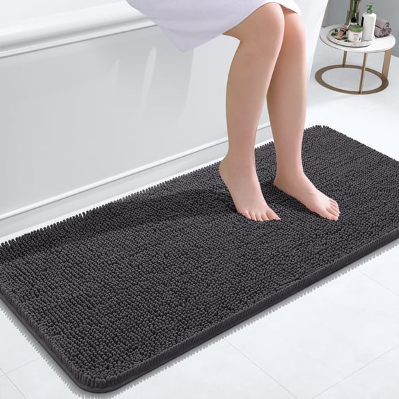 Buganda Bathroom Rugs 47x20, Quick Dry Machine Washable Chenille Bath Mats with Rubber Backing, Dark Grey