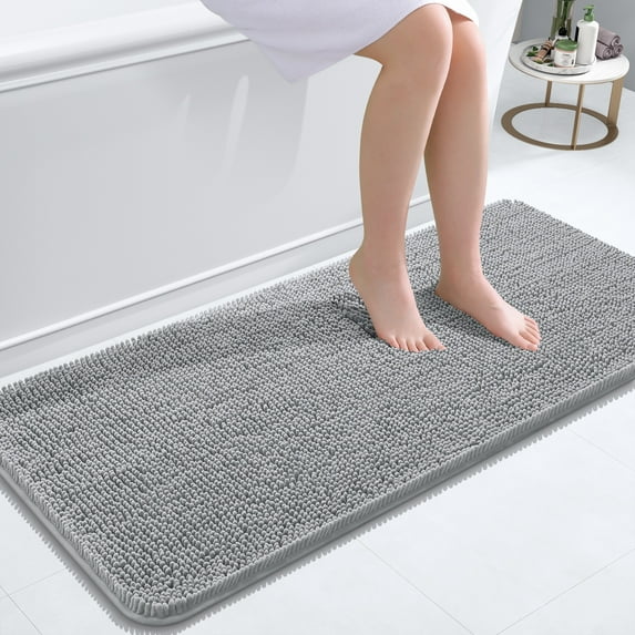 Buganda Bathroom Rugs 47x20, Quick Dry Machine Washable Chenille Bath Mats with Rubber Backing, Light Grey