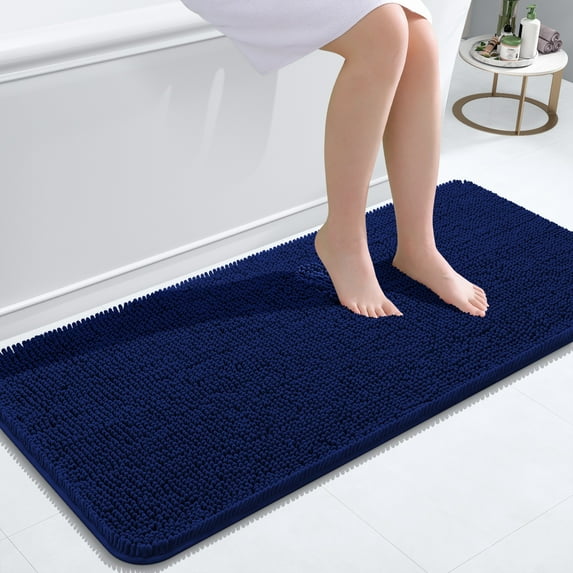 Buganda Bathroom Rugs 47x20, Quick Dry Machine Washable Chenille Bath Mats with Rubber Backing, Navy Blue
