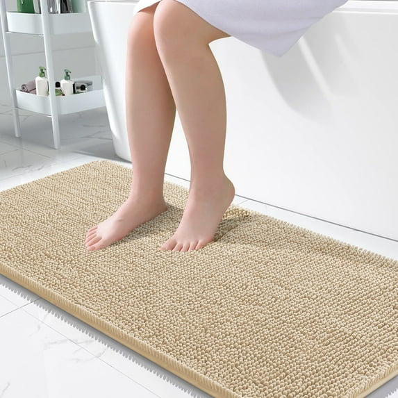 Buganda Bathroom Rugs 47x24, Quick Dry Machine Washable Chenille Bath Mats with Rubber Backing, Beige