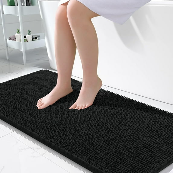 Buganda Bathroom Rugs 47x24, Quick Dry Machine Washable Chenille Bath Mats with Rubber Backing, Black