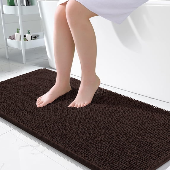 Buganda Bathroom Rugs 47x24, Quick Dry Machine Washable Chenille Bath Mats with Rubber Backing, Brown