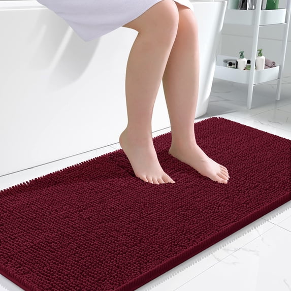 Buganda Bathroom Rugs 47x24, Quick Dry Machine Washable Chenille Bath Mats with Rubber Backing, Burgundy