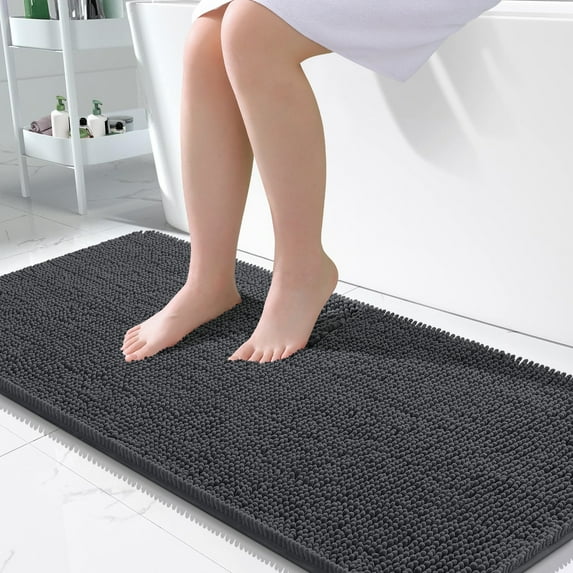 Buganda Bathroom Rugs 47x24, Quick Dry Machine Washable Chenille Bath Mats with Rubber Backing, Dark Grey