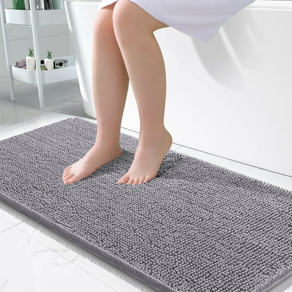Buganda Bathroom Rugs 47x24, Quick Dry Machine Washable Chenille Bath Mats with Rubber Backing, Grey