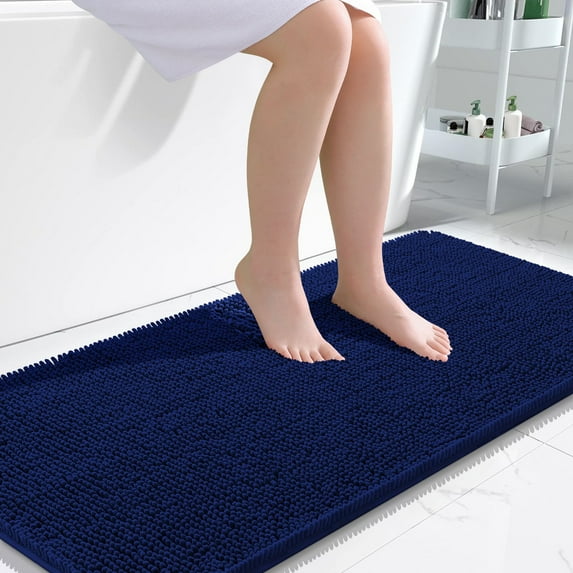 Buganda Bathroom Rugs 47x24, Quick Dry Machine Washable Chenille Bath Mats with Rubber Backing, Navy Blue