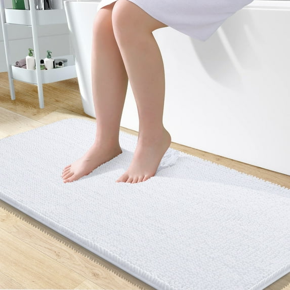 Buganda Bathroom Rugs 47x24, Quick Dry Machine Washable Chenille Bath Mats with Rubber Backing, White