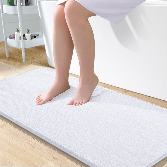Buganda Bathroom Rugs 47x24, Quick Dry Machine Washable Chenille Bath Mats with Rubber Backing, White