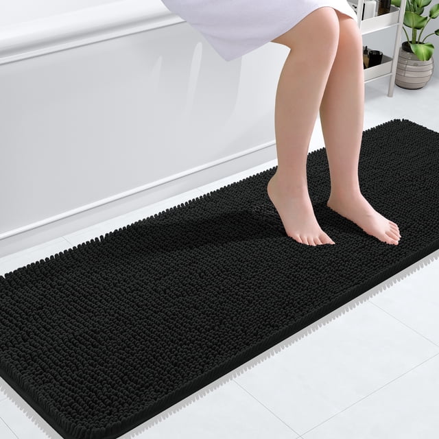 Buganda Bathroom Rugs 59x20, Quick Dry Machine Washable Chenille Bath Mats with Rubber Backing, Black