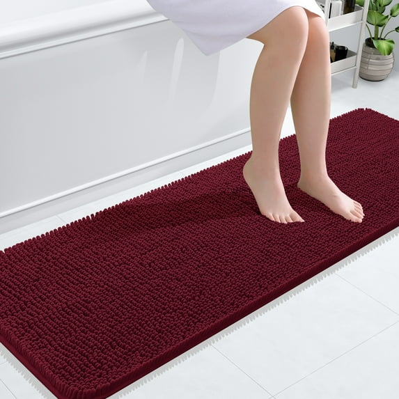 Buganda Bathroom Rugs 59x20, Quick Dry Machine Washable Chenille Bath Mats with Rubber Backing, Burgundy