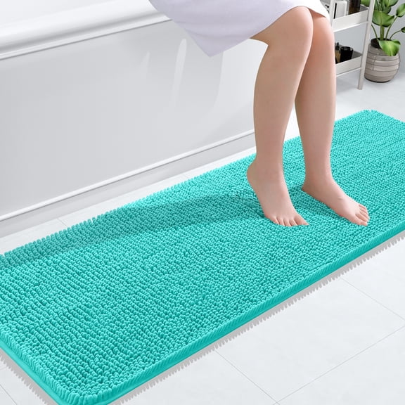 Buganda Bathroom Rugs 59x20, Quick Dry Machine Washable Chenille Bath Mats with Rubber Backing, Teal