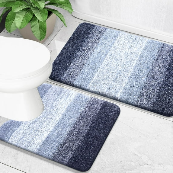 Buganda Bathroom Rugs Sets 2 Pieces, Soft Absorbent Microfiber Bath Mat And U-Shaped Contour Toilet Rug, Non-Slip Washable Bath Rugs (24"x16"+24"x20", Dark Blue)