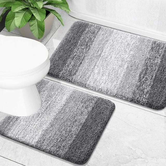 Buganda Bathroom Rugs Sets 2 Pieces, Soft Absorbent Microfiber Bath Mat And U-Shaped Contour Toilet Rug, Non-Slip Washable Bath Rugs (24"x16"+24"x20", Grey)
