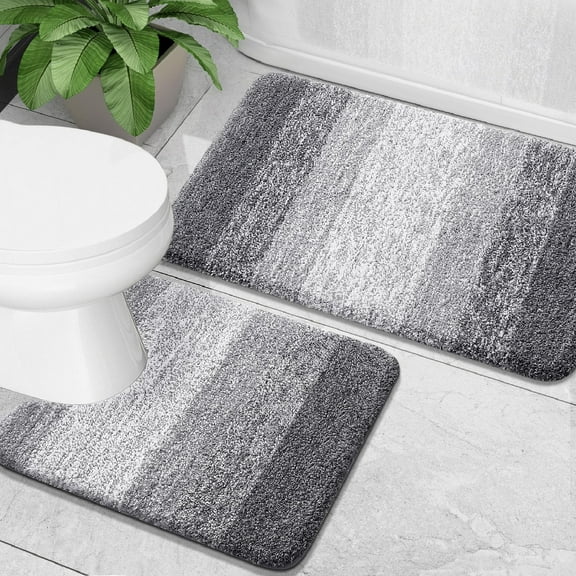 Buganda Bathroom Rugs Sets 2 Pieces, Soft Absorbent Microfiber Bath Mat And U-Shaped Contour Toilet Rug, Non-Slip Washable Bath Rugs (24"x16"+24"x20", Grey)