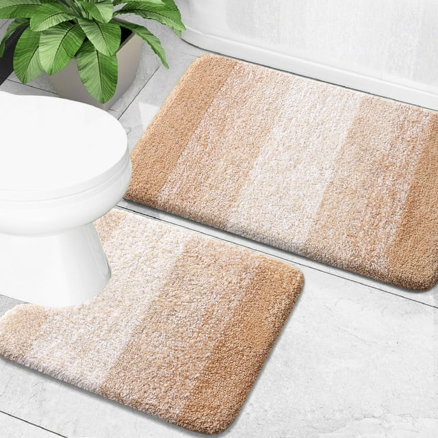 Buganda Bathroom Rugs Sets 2 Pieces, Soft Absorbent Microfiber Bath Mat And U-Shaped Contour Toilet Rug, Non-Slip Washable Bath Rugs (30"x20"+24"x20", Beige)