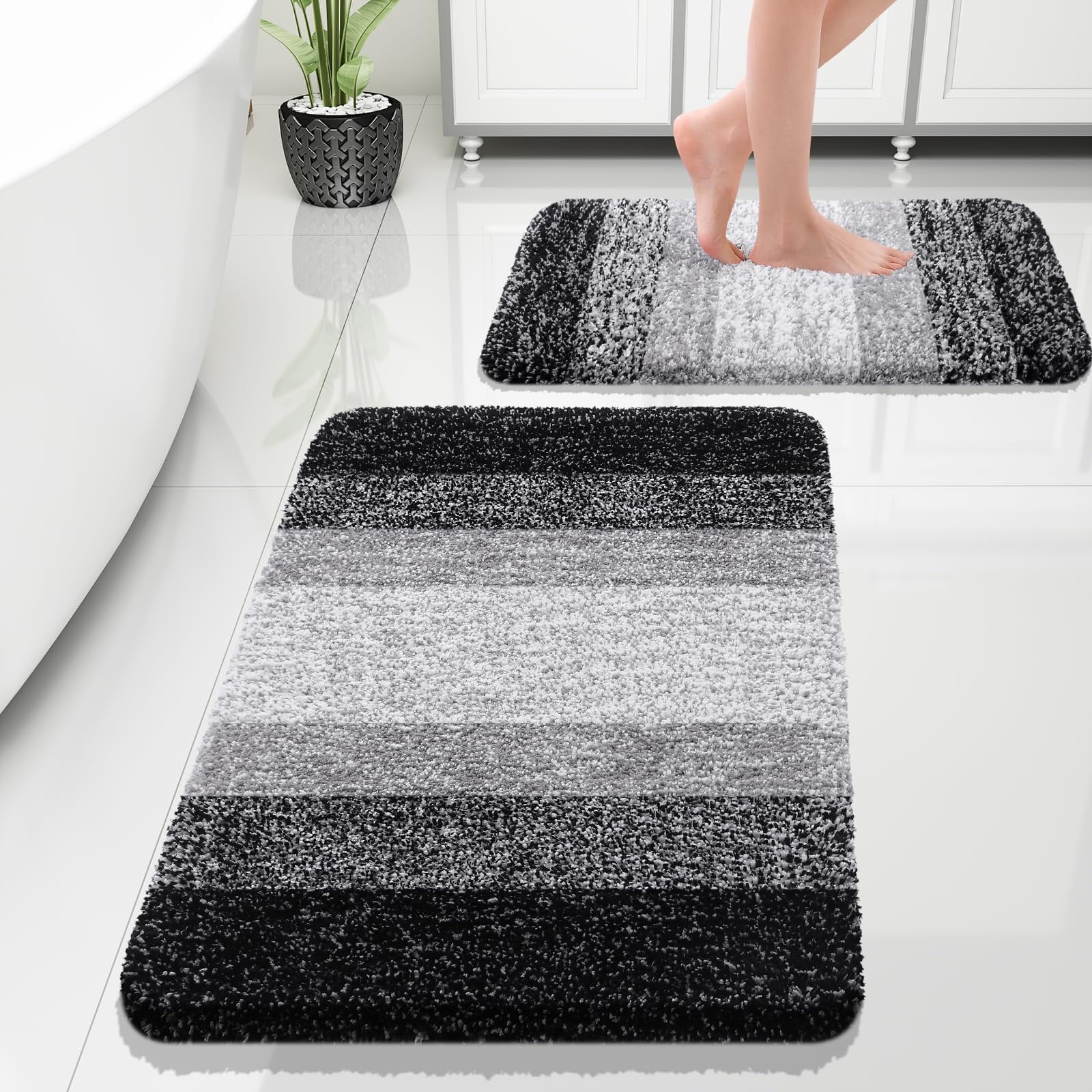 Buganda Bathroom Rugs Sets 2 Pieces, Soft Absorbent Microfiber Bath Mats, Non-Slip Machine Washable Bath Carpets (30"x20"+24"x16", Black)