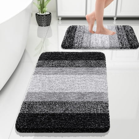 Buganda Bathroom Rugs Sets 2 Pieces, Soft Absorbent Microfiber Bath Mats, Non-Slip Machine Washable Bath Carpets (30"x20"+24"x16", Black)
