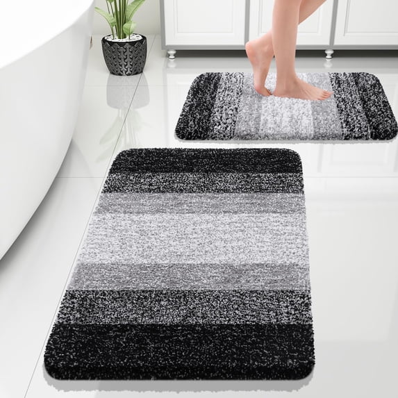Buganda Bathroom Rugs Sets 2 Pieces, Soft Absorbent Microfiber Bath Mats, Non-Slip Machine Washable Bath Carpets (30"x20"+24"x16", Black)