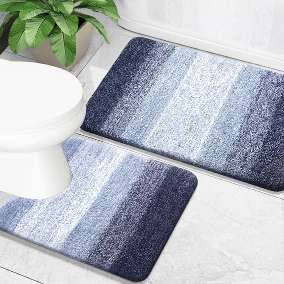 Buganda Bathroom Rugs Sets 2 Pieces, Soft Absorbent Microfiber Bath Mat And U-Shaped Contour Toilet Rug, Non-Slip Washable Bath Rugs (30"x20"+24"x20", Dark Blue)