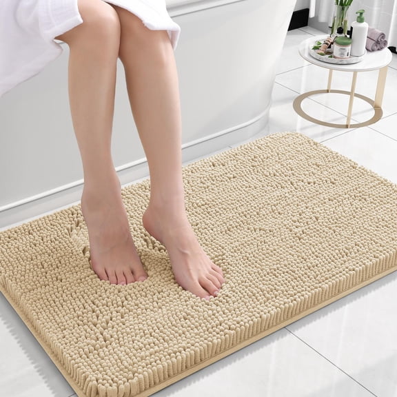 Buganda Bathroom Rugs 24x16, Quick Dry Machine Washable Chenille Bath Mats with Rubber Backing, Beige
