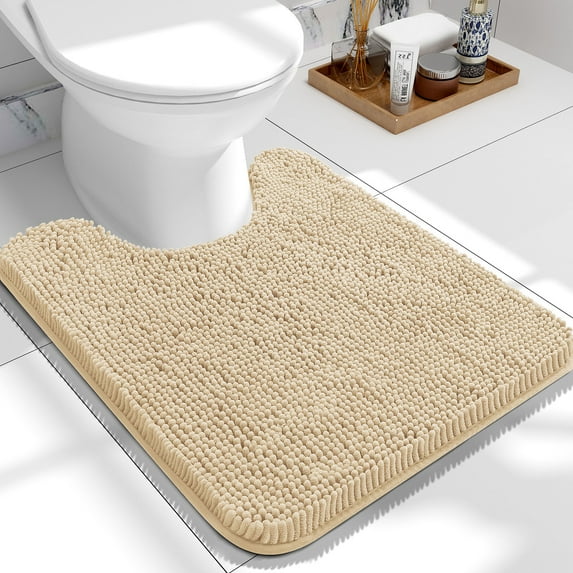 Buganda Toilet Rugs U-Shaped 24x20, Quick Dry Machine Washable Chenille Bath Mats with Rubber Backing, Beige