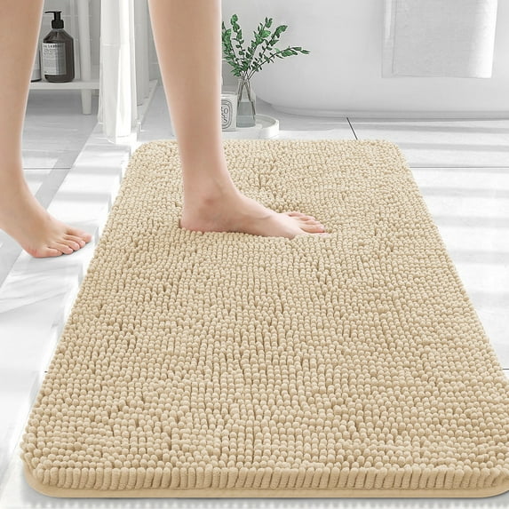 Buganda Bathroom Rugs 30x20, Quick Dry Machine Washable Chenille Bath Mats with Rubber Backing, Beige