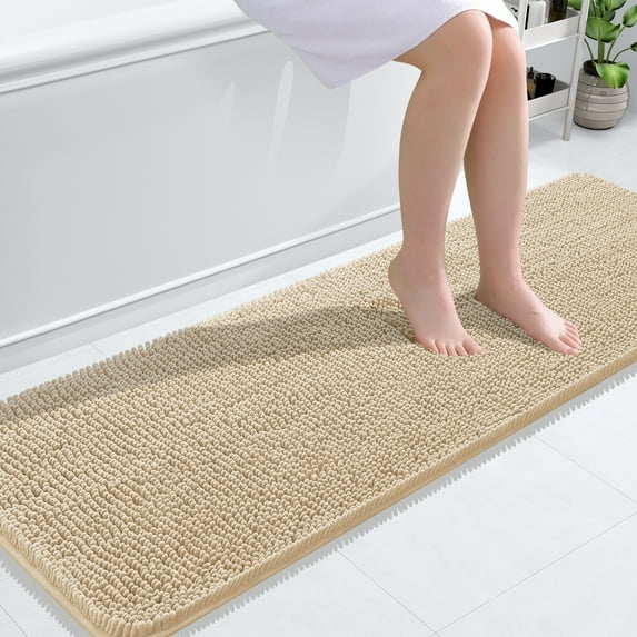Buganda Bathroom Rugs 59x20, Quick Dry Machine Washable Chenille Bath Mats with Rubber Backing, Beige