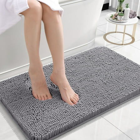 Buganda Bathroom Rugs 24x16, Quick Dry Machine Washable Chenille Bath Mats with Rubber Backing, Grey