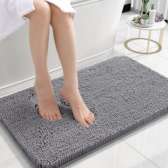 Buganda Bathroom Rugs 24x16, Quick Dry Machine Washable Chenille Bath Mats with Rubber Backing, Grey