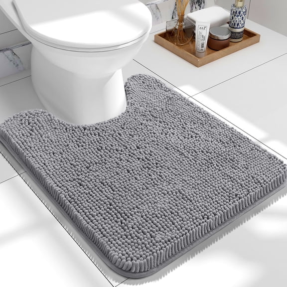 Buganda Toilet Rugs U-Shaped 24x20, Quick Dry Machine Washable Chenille Bath Mats with Rubber Backing, Grey