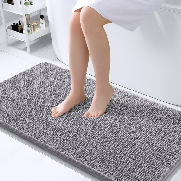 Buganda Bathroom Rugs 44x24, Quick Dry Machine Washable Chenille Bath Mats with Rubber Backing, Grey
