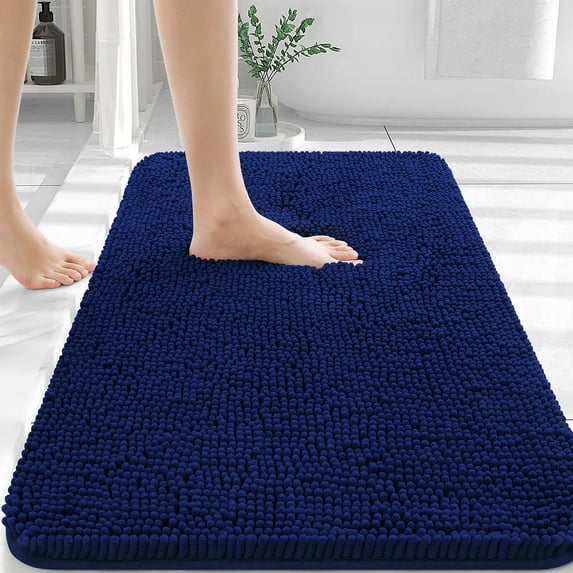 Buganda Bathroom Rugs 36x24, Quick Dry Machine Washable Chenille Bath Mats with Rubber Backing, Navy Blue