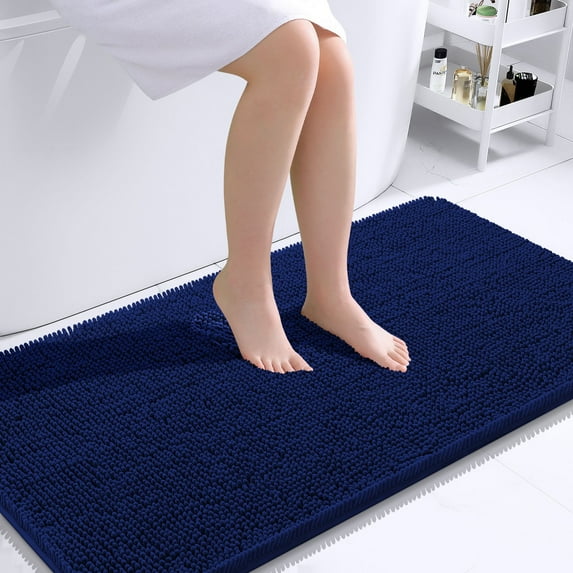 Buganda Bathroom Rugs 44x24, Quick Dry Machine Washable Chenille Bath Mats with Rubber Backing, Navy Blue