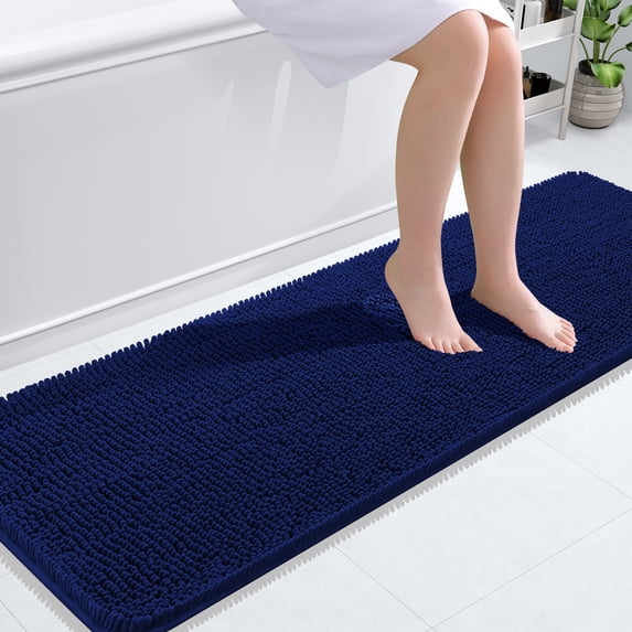 Buganda Bathroom Rugs 59x20, Quick Dry Machine Washable Chenille Bath Mats with Rubber Backing, Navy Blue