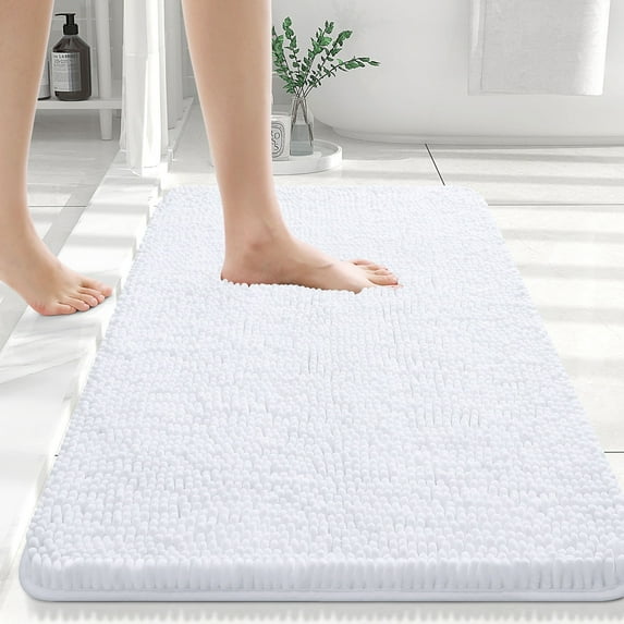 Buganda Bathroom Rugs 36x24, Quick Dry Machine Washable Chenille Bath Mats with Rubber Backing, White