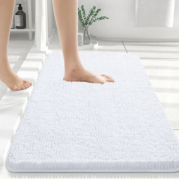 Buganda Bathroom Rugs 36x24, Quick Dry Machine Washable Chenille Bath Mats with Rubber Backing, White