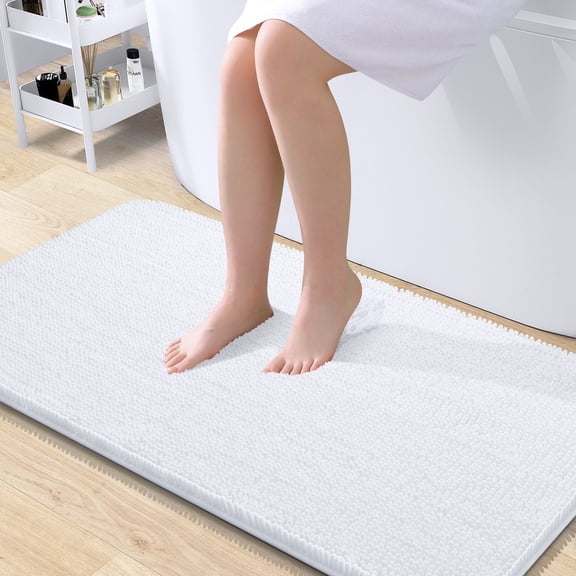 Buganda Bathroom Rugs 44x24, Quick Dry Machine Washable Chenille Bath Mats with Rubber Backing, White