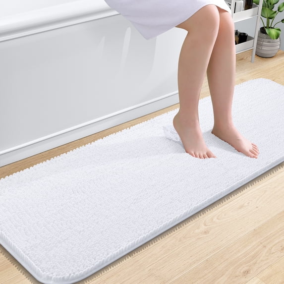 Buganda Bathroom Rugs 59x20, Quick Dry Machine Washable Chenille Bath Mats with Rubber Backing, White