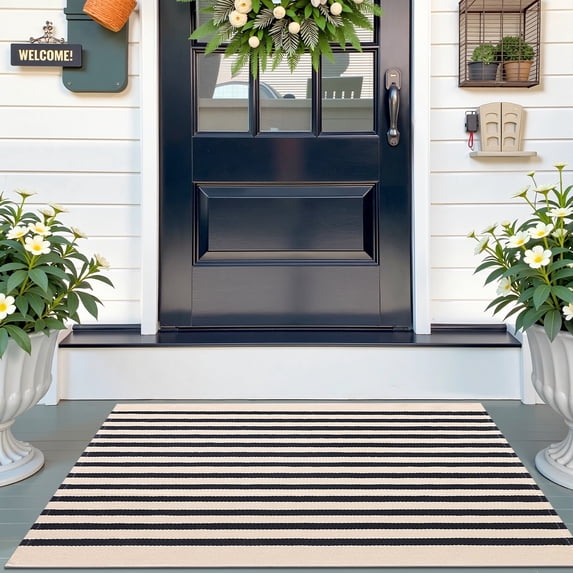 Buganda Beige and Black Striped Area Rug, 2'4"x3'7" Washable Cotton Indoor Outdoor Rugs for Living Room, Kitchen, Patio, All Season Home Decor