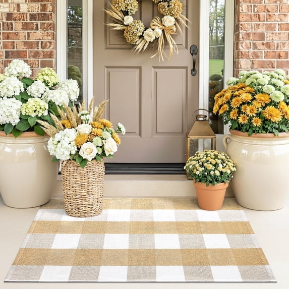 Buganda Buffalo Plaid Area Rug, Beige and White 2'X3' Washable Cotton Carpet, Indoor Outdoor Rugs for Living Room, Kitchen, Patio, All Season Home Decor
