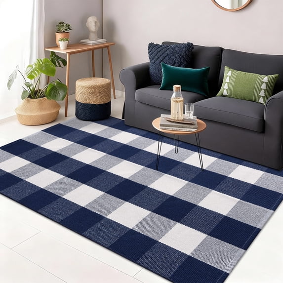 Buganda Buffalo Plaid Area Rug, Navy and White 3'x5' Washable Cotton Carpet, Indoor Outdoor Rugs for Living Room, Kitchen, Patio, All Season Home Decor