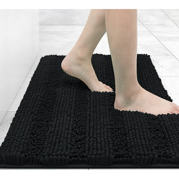 Buganda Chenille Striped Bathroom Rugs, Extra Soft and Absorbent Bath Mats, Anti-Slip Shaggy Bath Carpets, 16x24, Black