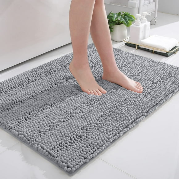 Buganda Chenille Striped Bathroom Rugs, Extra Soft and Absorbent Bath Mats, Anti-Slip Shaggy Bath Carpets, 24x36, Light Grey