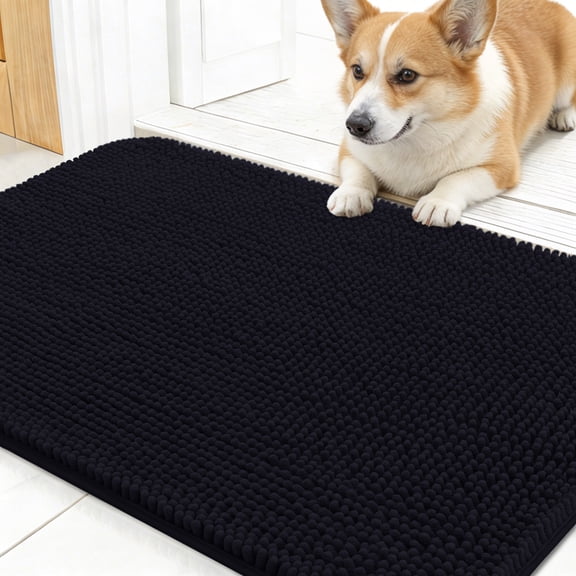 Buganda Dog Door Mats and Rugs, Washable Mat for Dog Paws, Absorbs Moisture and Dirt, Chenille Indoor Door Mats, 24x16, Black
