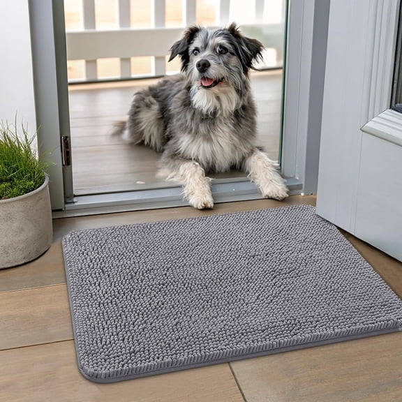 Buganda Dog Door Mats and Rugs, Washable Mat for Dog Paws, Absorbs Moisture and Dirt, Chenille Indoor Door Mats, 24x16, Grey