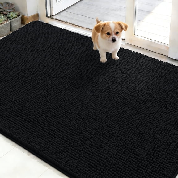 Buganda Dog Door Mats and Rugs, Washable Mat for Dog Paws, Absorbs Moisture and Dirt, Chenille Indoor Door Mats, 48x30, Black